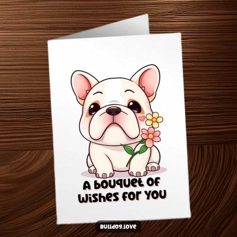 Free Printable Birthday Card: A cute, kawaii bulldog offers a delicate flower with a soft, gentle smile.