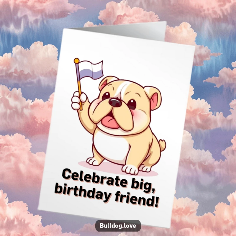 Funny Free Printable Birthday Card: A happy bulldog enthusiastically waving a small flag with a furiously wagging tail, full of joy.