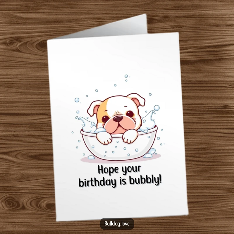 Funny free printable birthday card of a bulldog gleefully splashing in a tub full of bubbles.