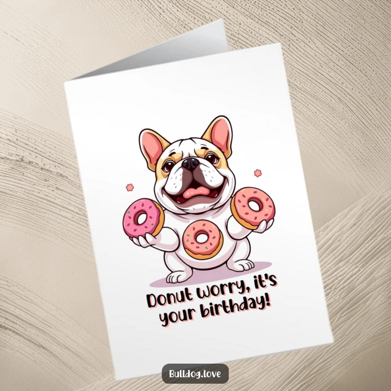 Funny Free Printable Birthday Card: Bulldog expertly juggling three colorful donuts with a look of pure, delightful concentration.