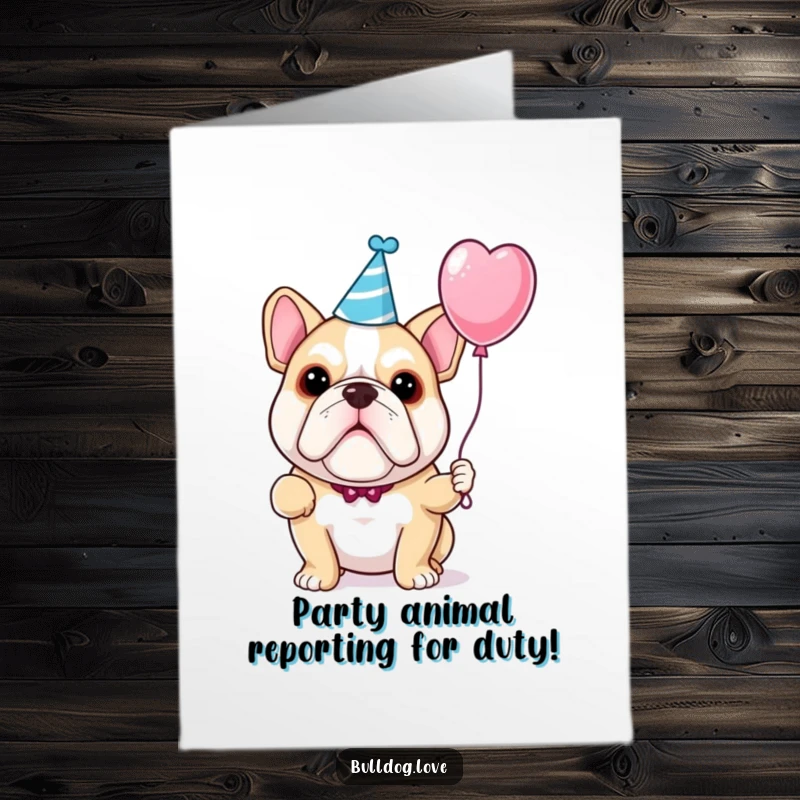 Funny Free Printable Birthday Card: A bulldog sporting a tiny party hat, joyfully holding a colorful balloon, ready to celebrate.