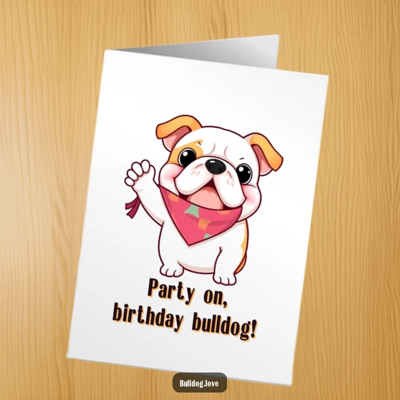 Funny free printable birthday card of a happy bulldog energetically waving a bright, colorful bandana.