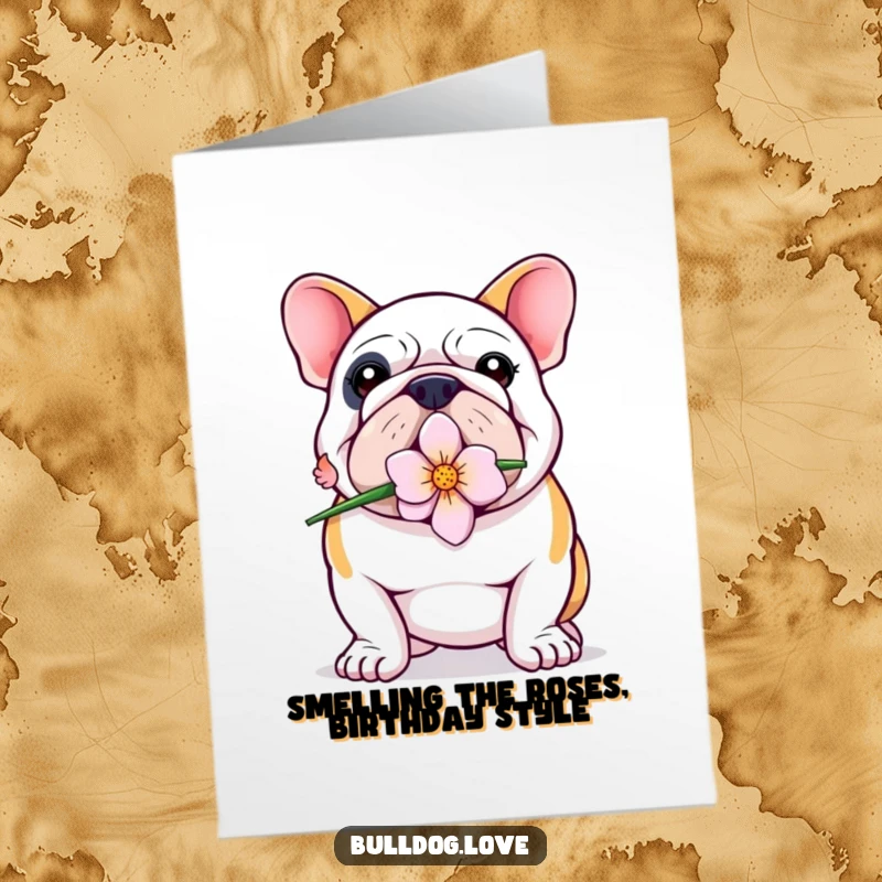 Funny Free Printable Bulldog Birthday Card, a proud bulldog holding a flower in its mouth, conveying sweet wishes.