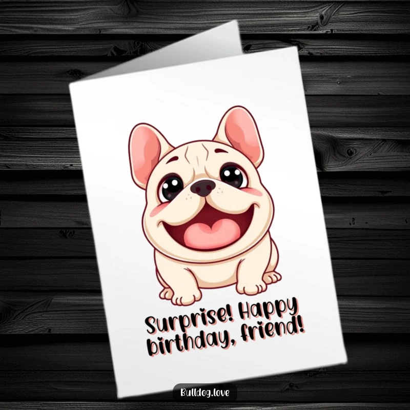 Funny Free Printable Birthday Card: A bulldog with wide eyes lets out a happy, surprised woof, full of excitement.