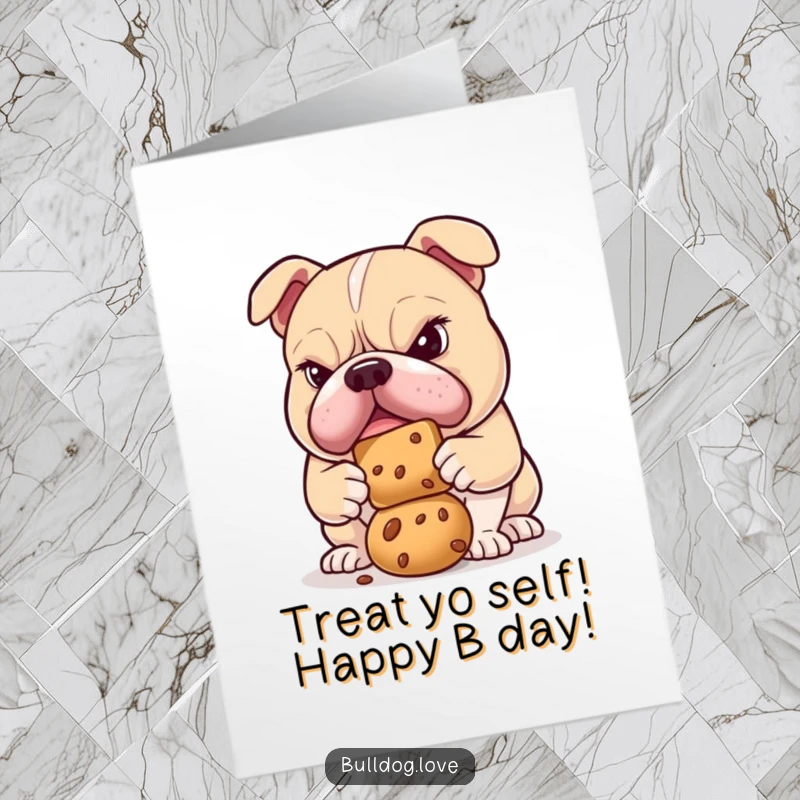 Funny Free Printable Birthday Card: A bulldog with a determined focus intensely tries to balance a tasty treat on its nose.
