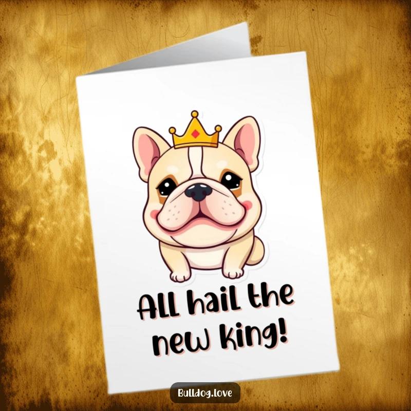 Funny Free Printable Congratulations Card showing a goofy bulldog wearing a small crown, celebrating a grand achievement.