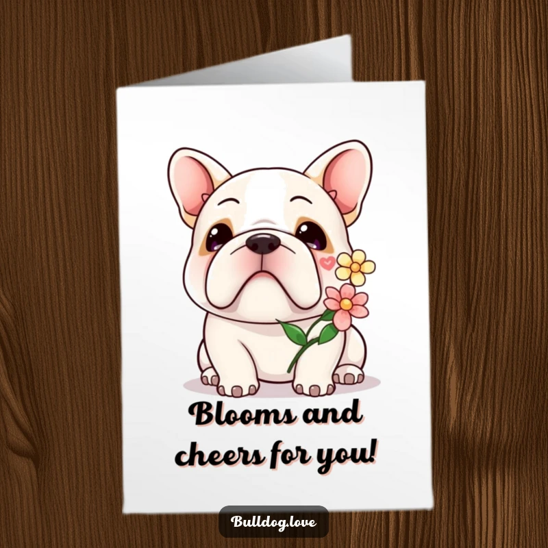 Free Printable Congratulations Card: A kawaii bulldog offers a flower with a gentle smile, symbolizing shared happiness and success.