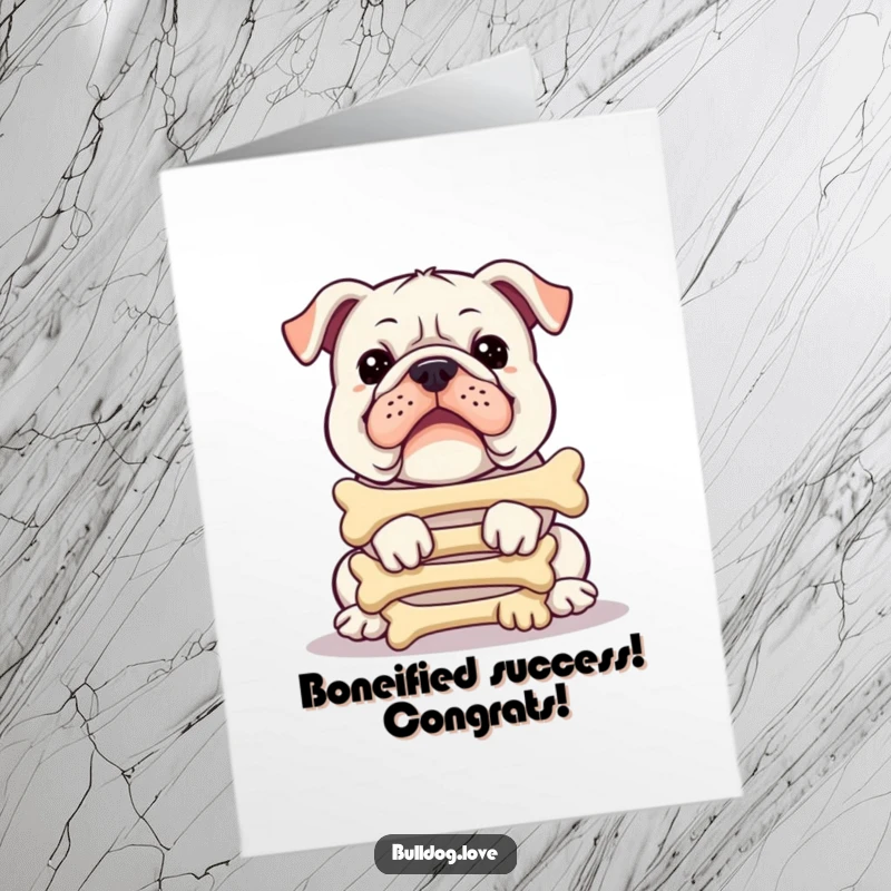 Free printable congratulations card of a bulldog balancing a tower of bones, a funny way to celebrate.