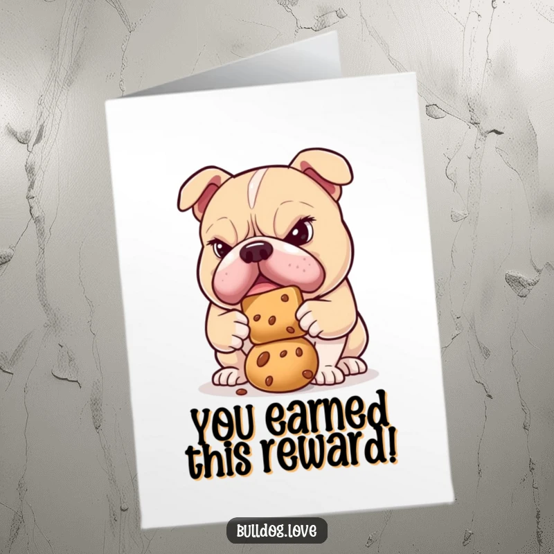 Funny Free Printable Congratulations Card: A bulldog with a serious, determined face works hard to balance a delicious treat.