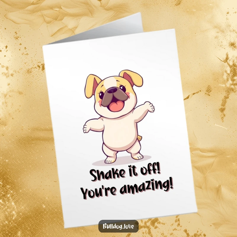 Funny Free Printable Congratulations Card: A bulldog with pendulous floppy ears energetically dances, celebrating a big achievement.
