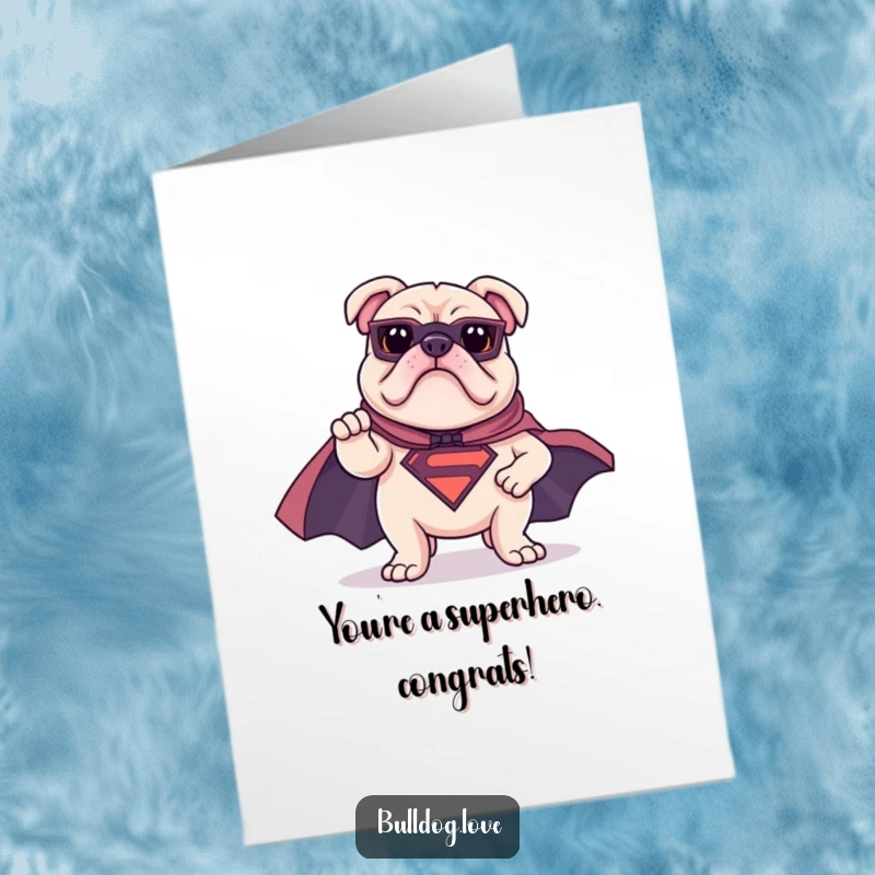 Funny Free Printable Congratulations Card showing a bulldog in a superhero cape striking a heroic pose, celebrating a major win.