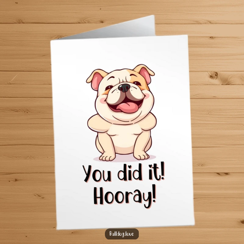 Funny Free Printable Congratulations Card: A joyful bulldog wiggling its entire body in energetic celebration, perfect for any achievement.