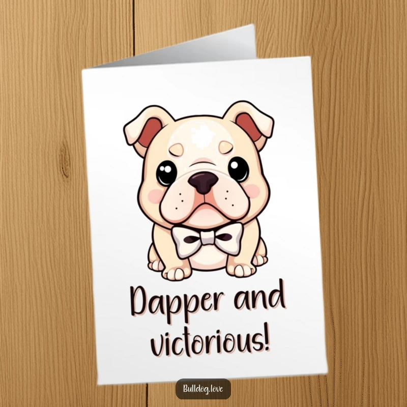Funny free printable congratulations card: a bulldog wearing a tiny bowtie and a confident smirk.