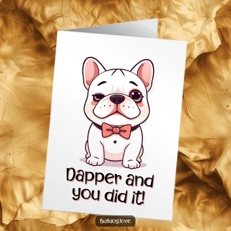 Free Printable Congratulations Card: An adorable kawaii bulldog with a silly grin and a smart bow tie, celebrating good news.