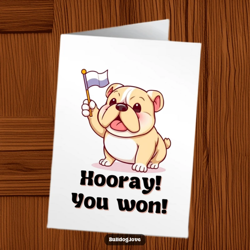Funny Free Printable Congratulations Card: A jubilant bulldog waving a small flag with its tail wagging, celebrating a win.
