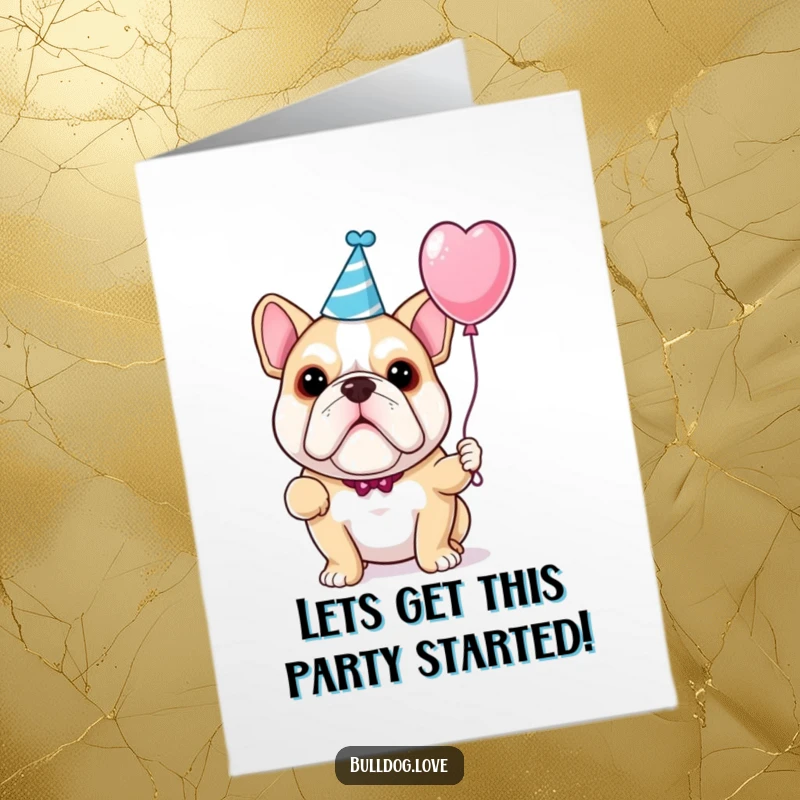 Free Printable Congratulations Card: A charming bulldog in a party hat holds a balloon, symbolizing a festive celebration of success.