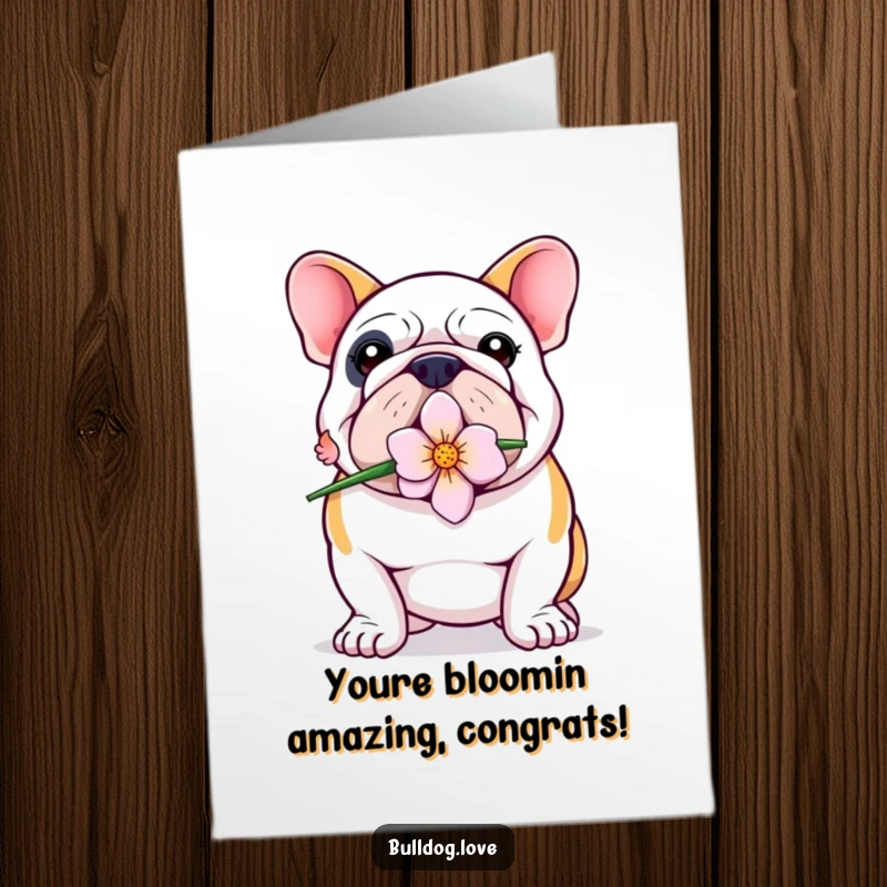 Funny Free Printable Bulldog Congratulations Card, a proud bulldog holding a flower in its mouth, celebrating success.