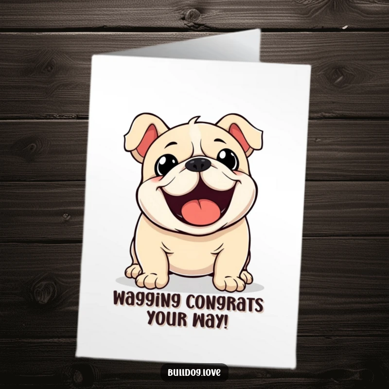 Funny Free Printable Congratulations Card: A Kawaii bulldog's tail wags wildly, radiating pure, contagious excitement.