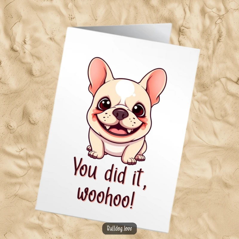 Funny Free Printable Congratulations Card: Kawaii bulldog with a goofy grin and floppy ears bouncing with excitement.