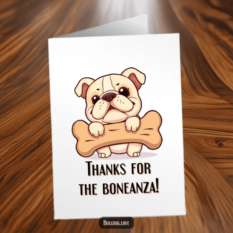 Funny Free Printable Bulldog Thank You Card, a cheeky bulldog with a grin behind a bone, expressing thanks with humor.