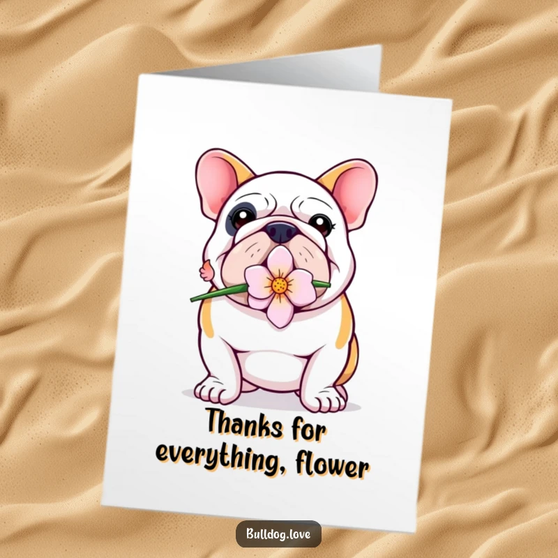 Funny Free Printable Bulldog Thank You Card, a proud bulldog holding a flower in its mouth, expressing thanks sweetly.