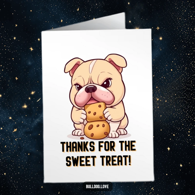 Funny Free Printable Thank You Card: A bulldog with a look of intense concentration is attempting to balance a treat on its snout.