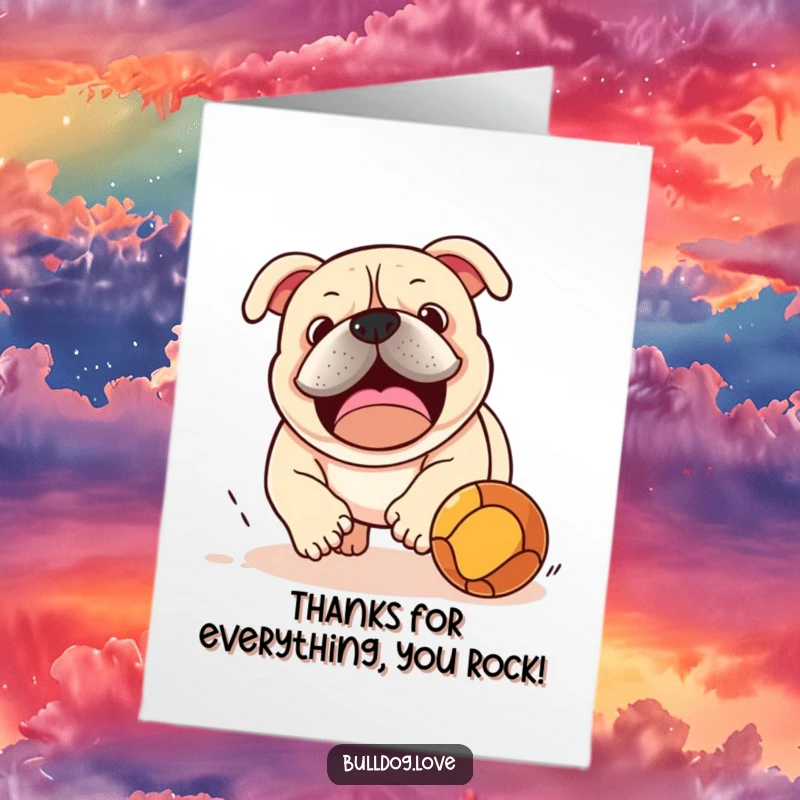 Funny Free Printable Thank You Card: A cute bulldog playfully chases a bouncing ball, expressing enthusiastic thanks.