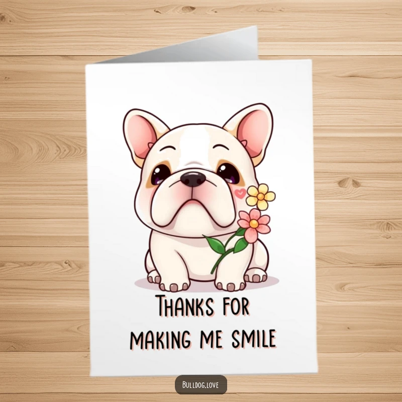 Funny Free Printable Thank You Card: A kawaii bulldog gently offers a flower, expressing sincere thanks with a sweet smile.