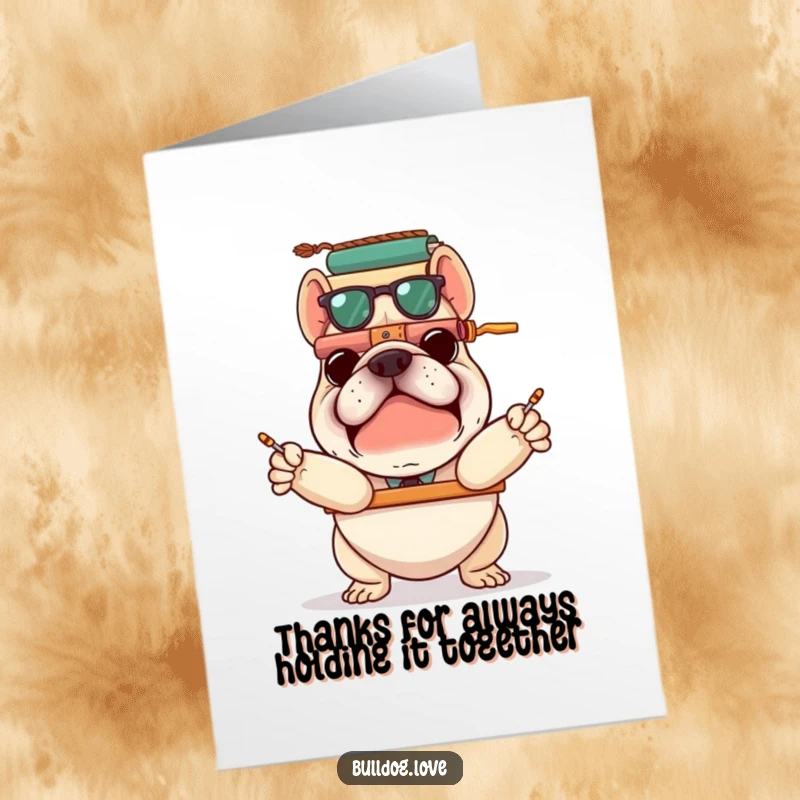 Funny Free Printable Thank You Card: A bulldog looks focused yet unstable, attempting to balance a stack of various items.