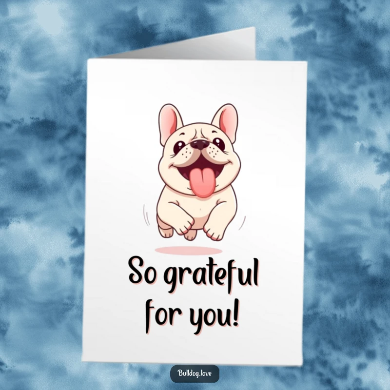 Funny Free Printable Thank You Card: Kawaii bulldog enthusiastically running with its tongue out, speeding to say thanks.