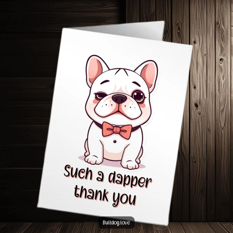 Funny Free Printable Thank You Card: A charming kawaii bulldog with a silly expression and a bow tie, saying thank you.