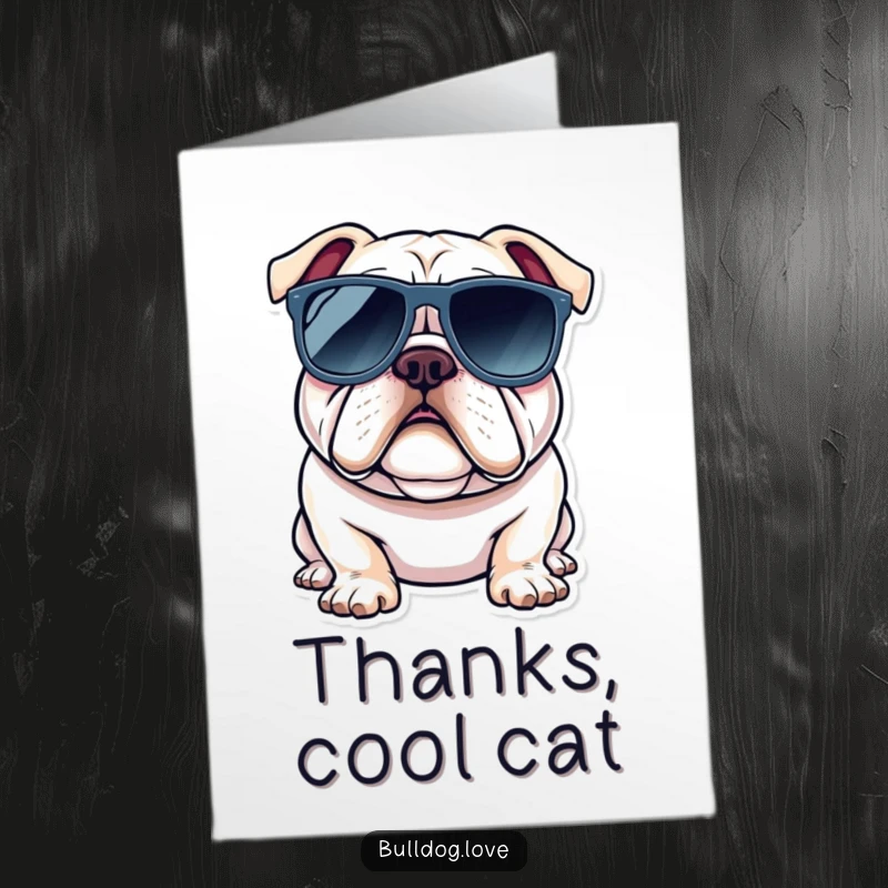 Funny Free Printable Thank You Card: A super cool bulldog wearing large sunglasses, looking incredibly laid-back and chill.