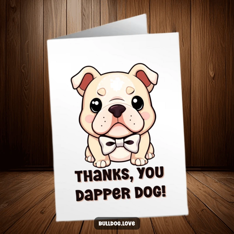Funny free printable thank you card: a bulldog wearing a tiny bowtie and a confident smirk.