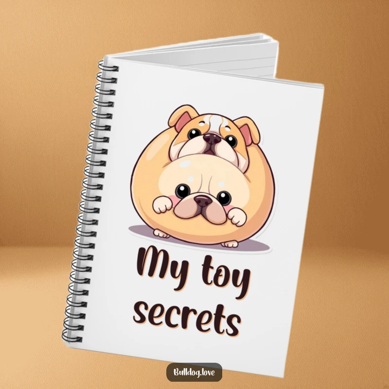 Funny bulldog notebook, lined pages, showing a dog peeking from behind a large squeaky toy.