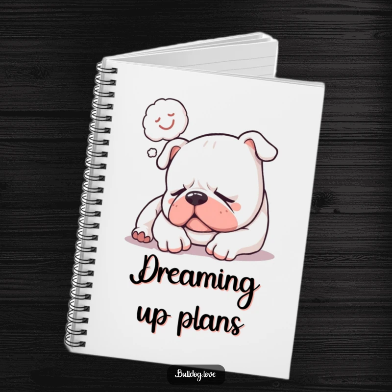 Funny notebook with a sleepy bulldog softly snoring and a happy dream bubble, designed for jotting down thoughts with humorous calm.