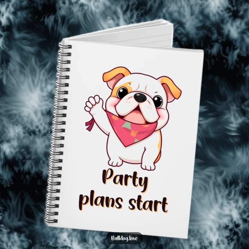 Funny bulldog notebook cover, waving a bandana with excitement, looking cheerful and ready, great for notes.