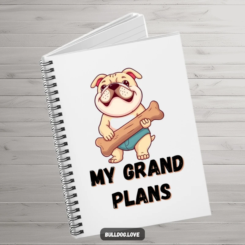 Funny notebook cover design with a happy bulldog panting, proudly clutching a giant, thoroughly chewed bone, ready to inspire your thoughts.