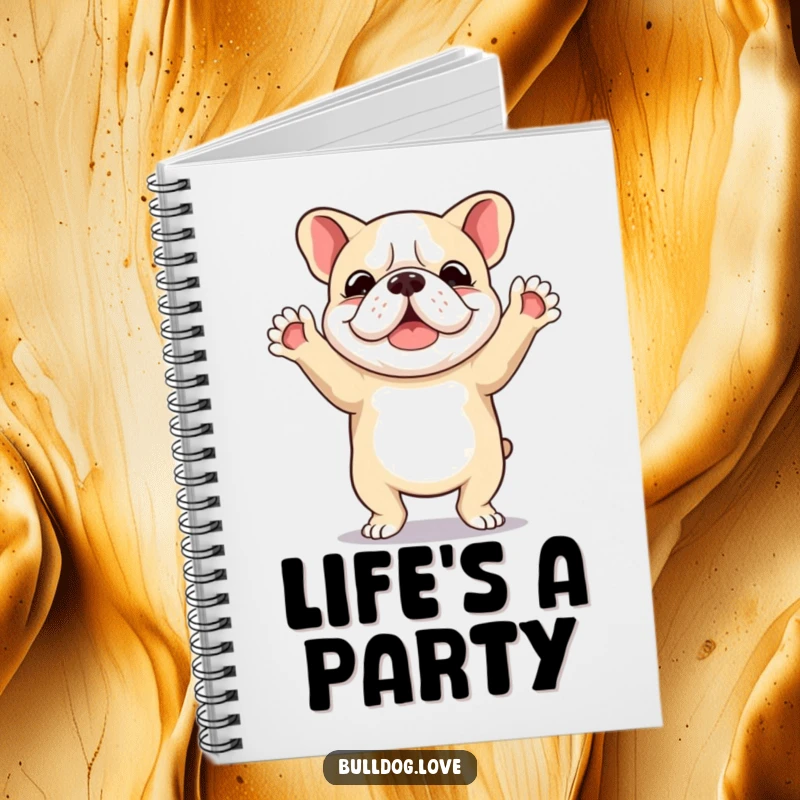 Funny notebook cover with a bulldog in a joyful dance, paws in the air, capturing a moment of pure, uninhibited happiness.