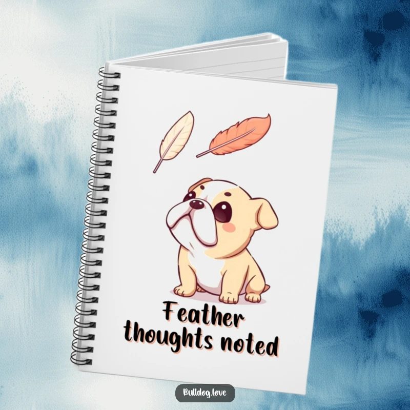 Funny bulldog notebook cover, looking up adoringly at a floating feather, exuding peaceful wonder, great for journaling.