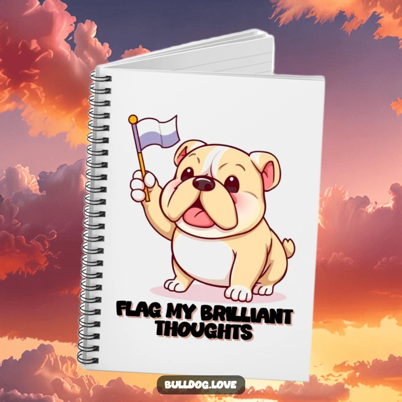 Funny bulldog notebook featuring an enthusiastic dog waving a flag, perfect for jotting down celebratory thoughts.