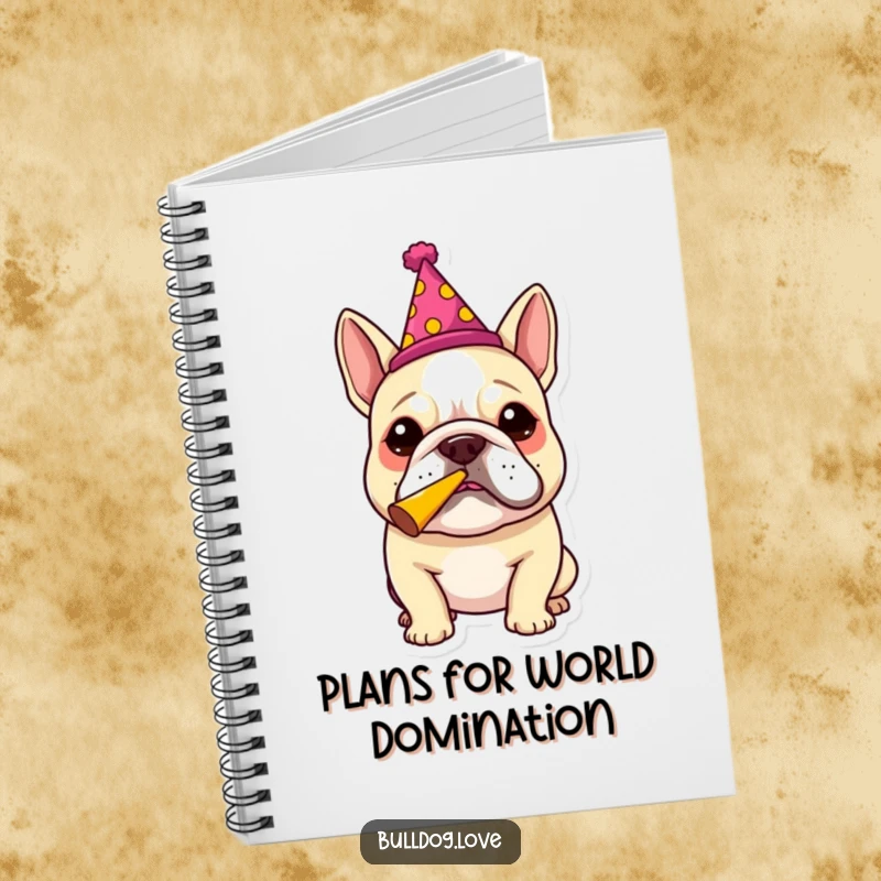 Funny bulldog in a party hat blowing a party horn, on a notebook cover, ideal for capturing funny ideas and party plans.
