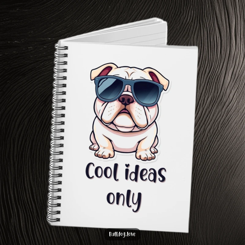 Funny bulldog notebook featuring a dog wearing oversized sunglasses, perfect for jotting down cool thoughts.