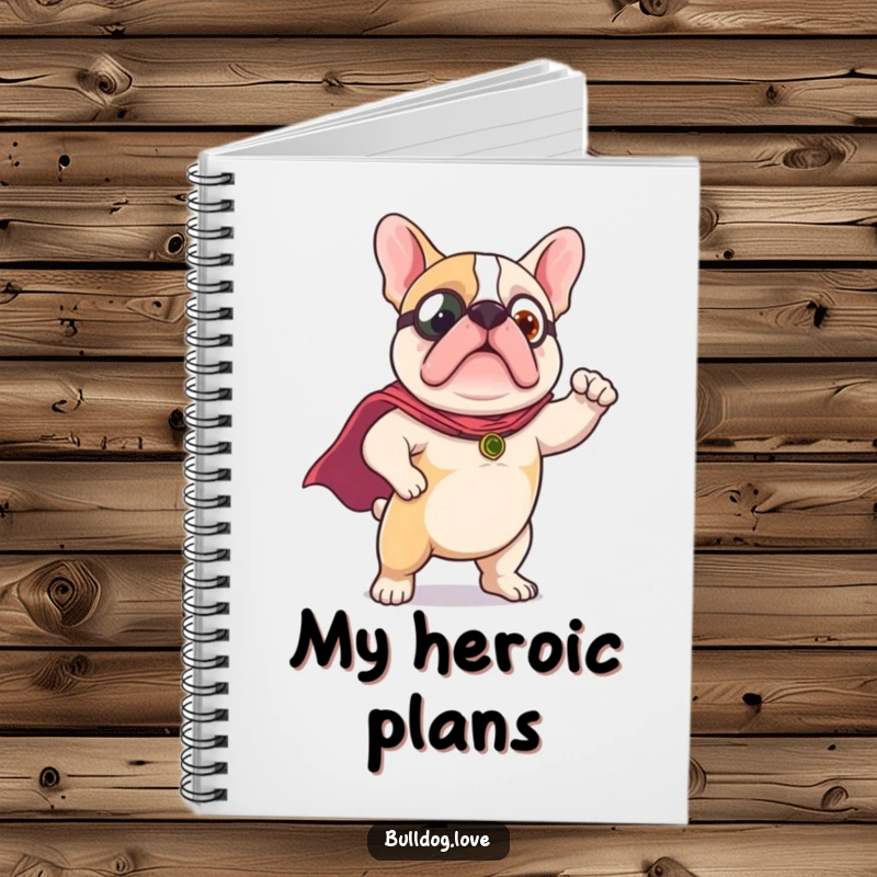 Funny Notebook cover: A cute, brave bulldog wearing a tiny cape is depicted striking a heroic pose, ready for adventure.