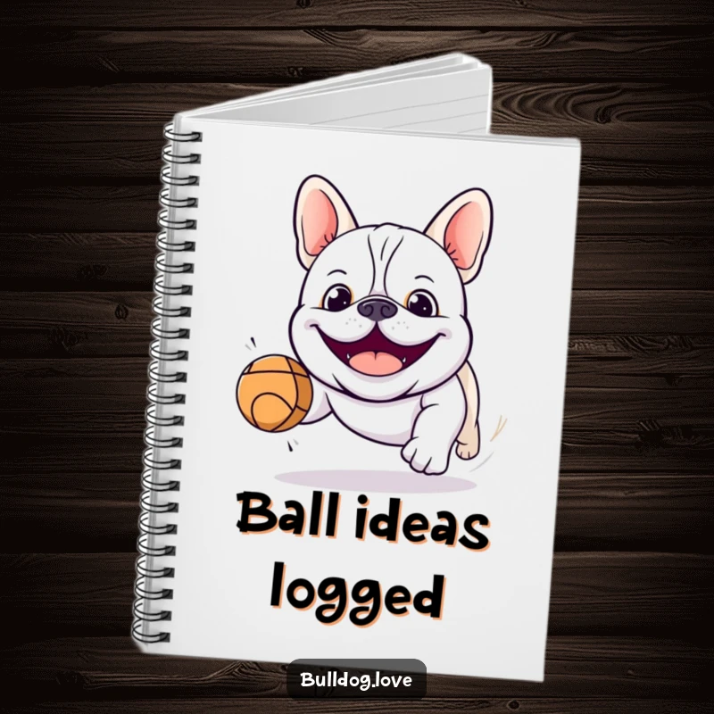 Funny kawaii bulldog notebook cover with a smiling dog chasing a bouncing ball, perfect for capturing inspired thoughts.