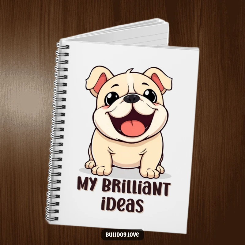 Funny Kawaii Bulldog Notebook featuring a dog with a furiously wagging tail, perfect for jotting down exciting ideas.
