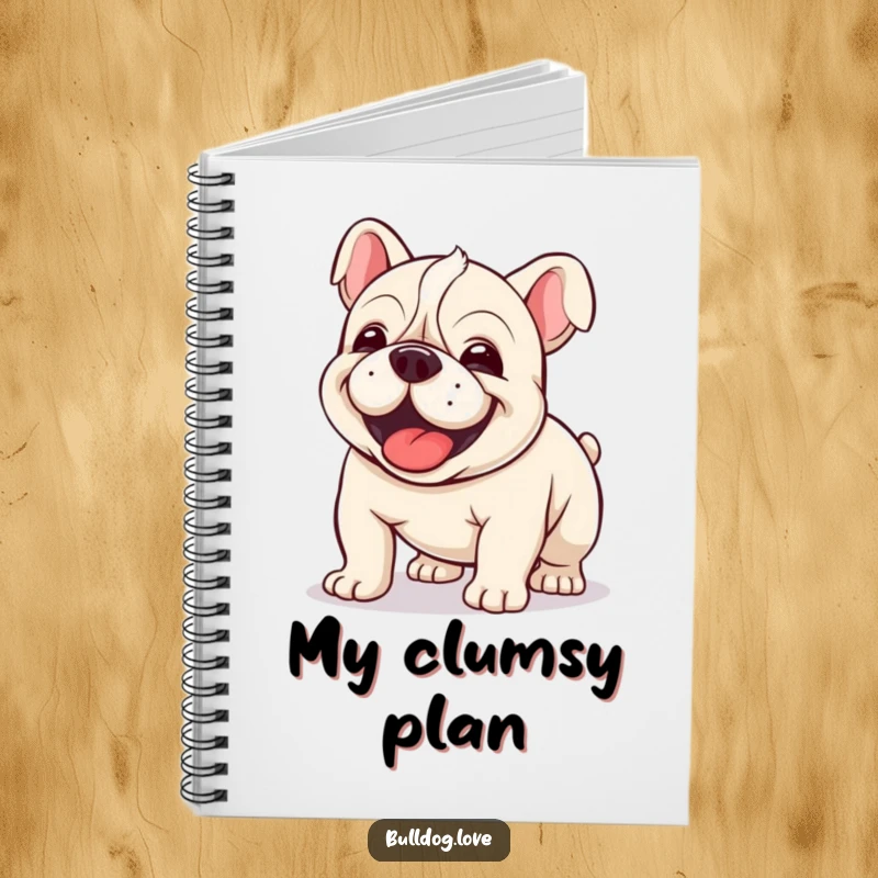 Funny Kawaii Bulldog Notebook featuring a dog doing a joyful, clumsy wiggle, perfect for creative writing.