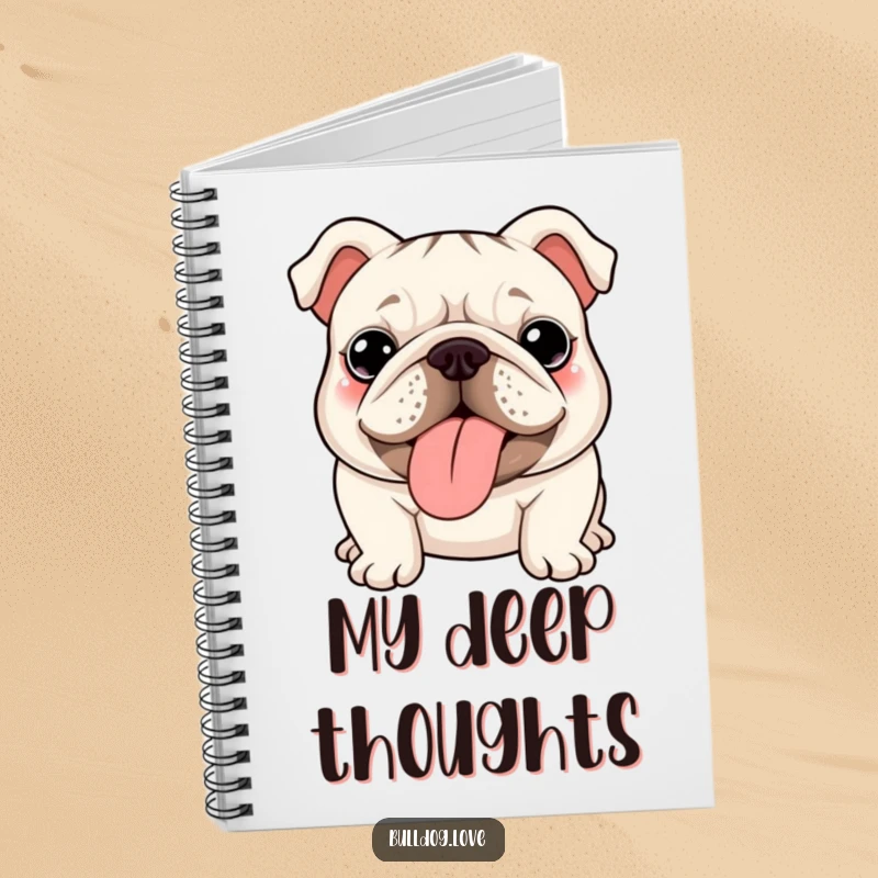Funny kawaii bulldog notebook, lined pages, featuring a cute wrinkly dog proudly displaying its tongue.
