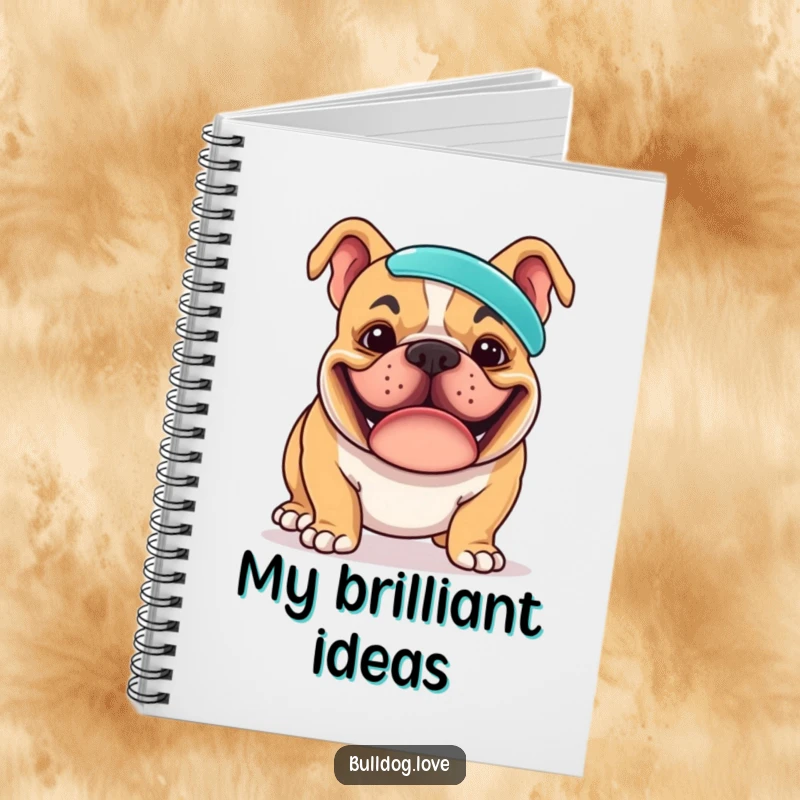 Funny notebook cover showing a bulldog with a determined, goofy grin, balancing a frisbee on its nose, ready to capture your every idea.