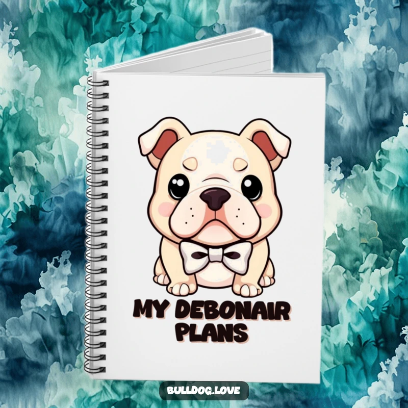 Funny notebook cover design with a bulldog wearing a small bowtie and a confident smirk, ready to capture your sophisticated thoughts.