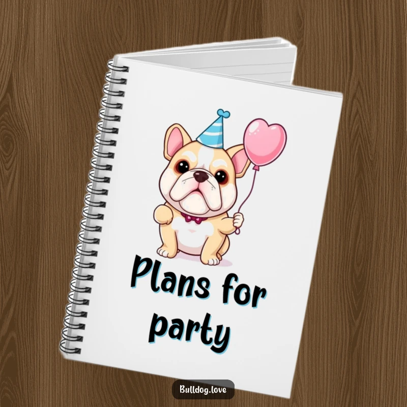 Funny bulldog party notebook cover featuring a dog wearing a party hat and holding a balloon.